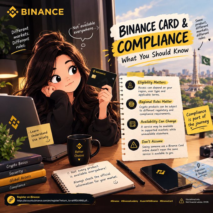 The image is a Binance promotional graphic featuring a stylized anime-style woman holding a Binance card, with a notebook displaying key compliance points—Eligibility Matters, Regional Rules Matter, Availability Can Change, and Don't Assume—emphasizing that crypto product availability and regulatory rules vary by region, particularly highlighting Pakistan and beyond, alongside the Binance logo, a "Learn Understand Use Wisely" note, and the registration link https://accounts.binance.com/en/register?return_to=aHR0cHM6Ly.