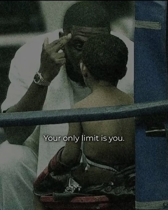 A motivational image showing a boxer being attended to in a corner, with the overlaid text 'Your only limit is you.'