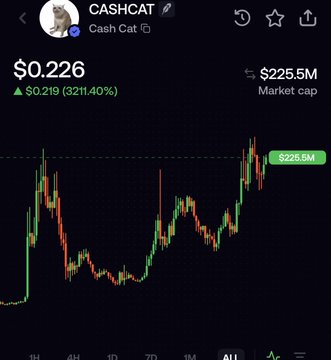 A cryptocurrency price chart for the token 'CASHCAT' showing a current price of $0.226, a market cap of $225.5M, and a 321.40% increase.