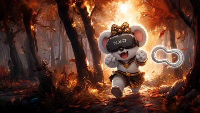 Digital artwork of a cute white cartoon mouse character wearing a VR headset labeled 'NXR' and a yellow bow tie, running through a warm-lit autumn forest with a glowing link icon floating beside it.