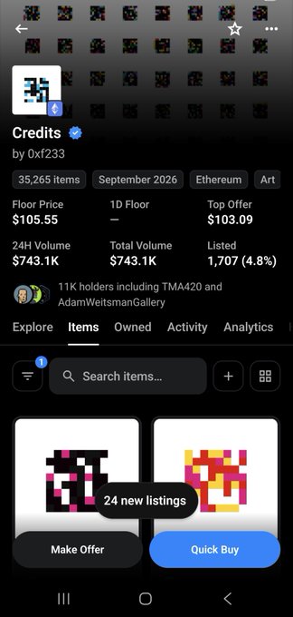 Mobile app screenshot showing the Credits NFT collection by 0xf233 with 35,265 items, a floor price of $105.55, 24H volume of $743.1K, and 24 new pixel-art listings displayed at the bottom.