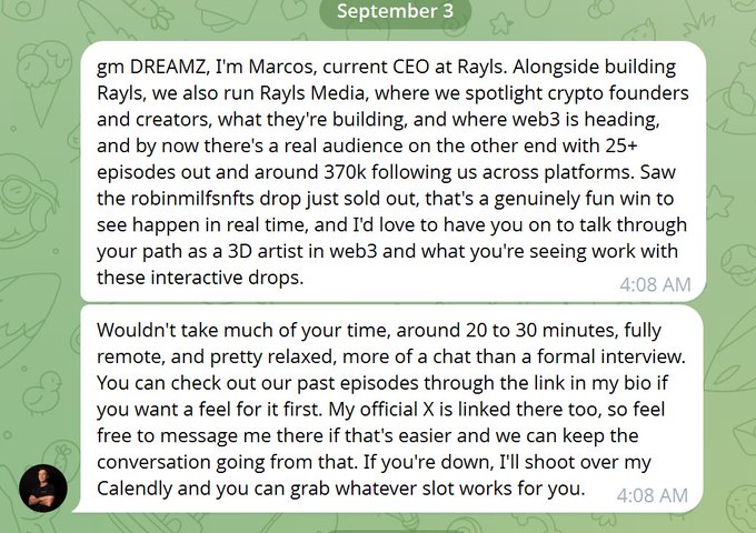 A Telegram chat from September 3 where Marcos, CEO at Rayls, invites 'gm DREAMZ' for a 20-30 minute remote interview for Rayls Media, which features crypto founders and has 25+ episodes and 370k followers.