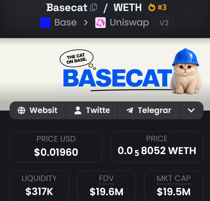 The image displays the Basecat (Base/WETH) trading page on Uniswap V3, showing the token priced at $0.01960 with a market cap of $19.5M, liquidity of $317K, and FDV of $19.6M, alongside a cat mascot wearing a blue hard hat and a "THE CAT ON BASE" speech bubble.

The image reinforces the post's message by showing that despite the "some mfs are still selling $BASECAT" sentiment, the token actually maintains a strong $19.5M market cap and notable $317K liquidity, suggesting the selloff is minor and contradicts the bullish "alpha" of being on Coinbase's roadmap.