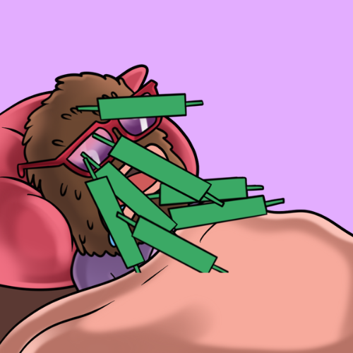 An illustrated furry character wearing pink sunglasses lies on a pink pillow with green rocket-shaped overlays covering the image, humorously representing the "Hit those rockets $LANDWOLF" pump call from the post about Dex updates.