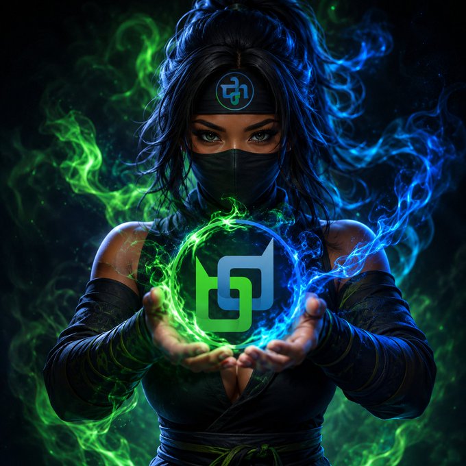 A fantasy-style image of a woman with a masked face and headband holding a glowing green and blue orb with a logo on it, surrounded by colored smoke.