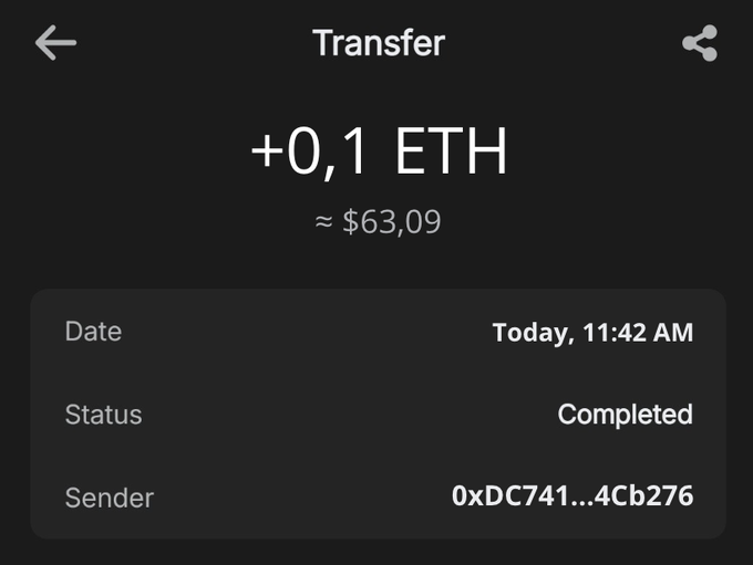 A dark-themed crypto wallet screen displays a completed transfer of +0.1 ETH (≈ $63.09) sent from address 0xDC741...4Cb276 at 11:42 AM, shown as proof of an ETH transaction. The image serves as a visual example to accompany a post promoting a "$ROBFOX Presale," where users are instructed to send +0.01 ETH to a different wallet address (0xD48B5e6b7101a2dd212F16821f30991Ce581d056) in exchange for 10M $ROBFOX tokens.