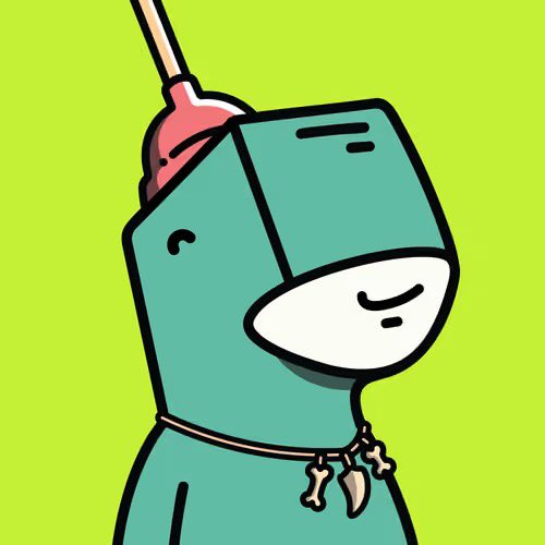 A cartoon illustration features a green, boxy character with a small antenna and a fish bone necklace, looking sideways against a bright green background.