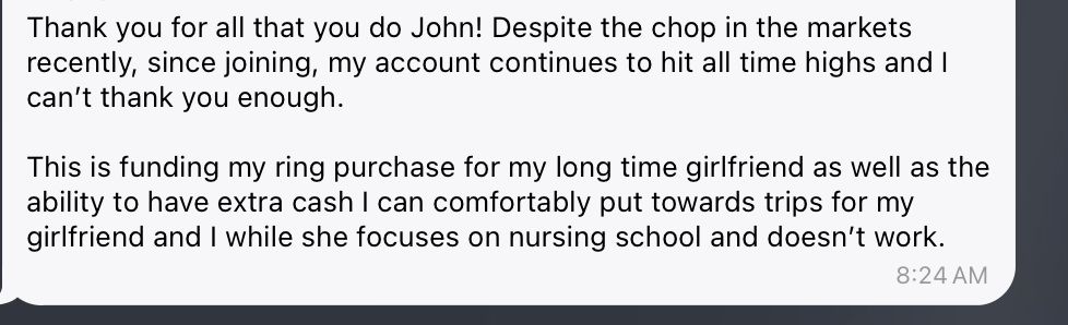 A text message to "John" expressing gratitude for investment guidance that has helped the sender's account reach all-time highs, funding a ring purchase for his girlfriend and travel expenses while she's in nursing school. The image appears to be a testimonial screenshot supporting the trading course promotion in the accompanying post.
