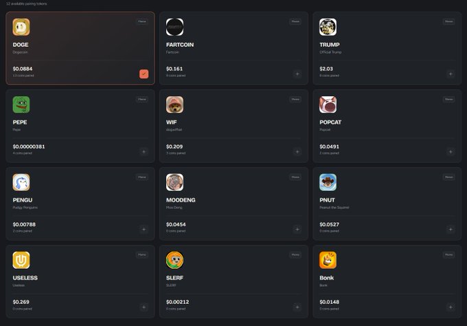 A dark-themed cryptocurrency platform interface displays a grid of 12 memecoins available for joining tokens, featuring popular tickers like DOGE ($0.0864), FARTCOIN ($0.161), PEPE ($0.00000131), POPCAT ($0.0491), PNUT ($0.0527), and 12 others with price values and "0 coins paired" indicators. The image visually represents Embercurve's plan to pair all these memes to $EMBER, showcasing the variety of tokens slated for the integration.