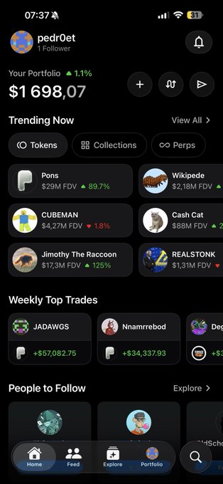 A screenshot of a crypto trading app showing a portfolio with username 'pedrOet', a portfolio value of $1,698.07, and trending items including 'Pons', 'Wikipede', 'CUBEMAN', 'Cash Cat', 'Jimothy The Raccoon', and 'REALSTONK'.