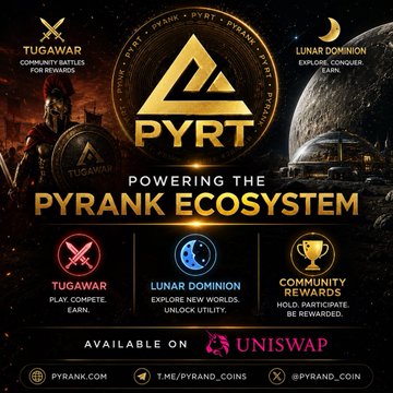 The image is a promotional graphic for the PYRT (Pyrank) ecosystem, highlighting its three pillars—Tugawar community battles for rewards, Lunar Dominion moon exploration utility, and Community Rewards—along with the tagline "Powering the Pyrank Ecosystem" and a note that it's "Available on Uniswap." It relates to the post by advertising the $PYRT token airdrop campaign offering $750 USDT in prizes for buying and holding the token on Uniswap.