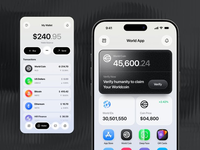 A promotional image showing two smartphone screens displaying a 'World App' interface with a wallet balance of $240.95, World Coin at 45,600.24, and various cryptocurrencies including Bitcoin and Ethereum.