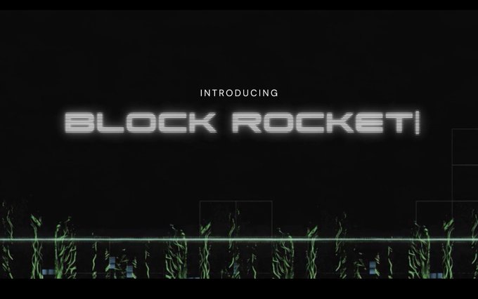 A dark title screen with the text 'INTRODUCING BLOCK ROCKET!' in a stylized white font, with green pixelated plants at the bottom.