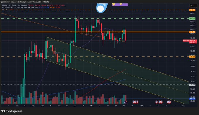 A crypto trading chart shows BTC.D, Bitcoin, and U.S. Dollar candlesticks with technical overlays, horizontal price levels, and a visible “TradingView” watermark.