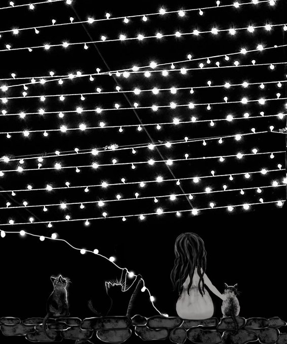 A black-and-white illustration shows a girl with long hair sitting on a stone wall between three cats, gazing up at rows of glowing string lights against a dark night sky. The cozy, intimate scene of quiet companionship perfectly captures the "Cozy Midnight" theme mentioned in the post.