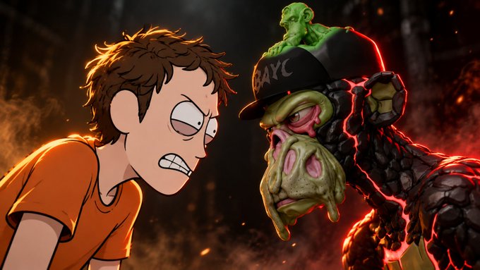 A cartoon-style illustration shows an angry young man with brown hair in an orange shirt glaring at a monstrous alien-like creature with green skin, a fanged face, and a cap labeled 'JAYC' against a fiery background.
