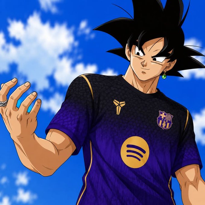 An anime-style illustration of a character resembling Goku wearing a purple and black FC Barcelona soccer jersey with a Spotify logo, standing against a blue sky with clouds.