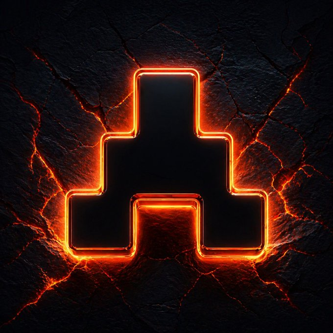 A glowing orange, layered geometric symbol resembling a temple or pyramid, set against a dark cracked stone background with lava-like orange light seeping through.