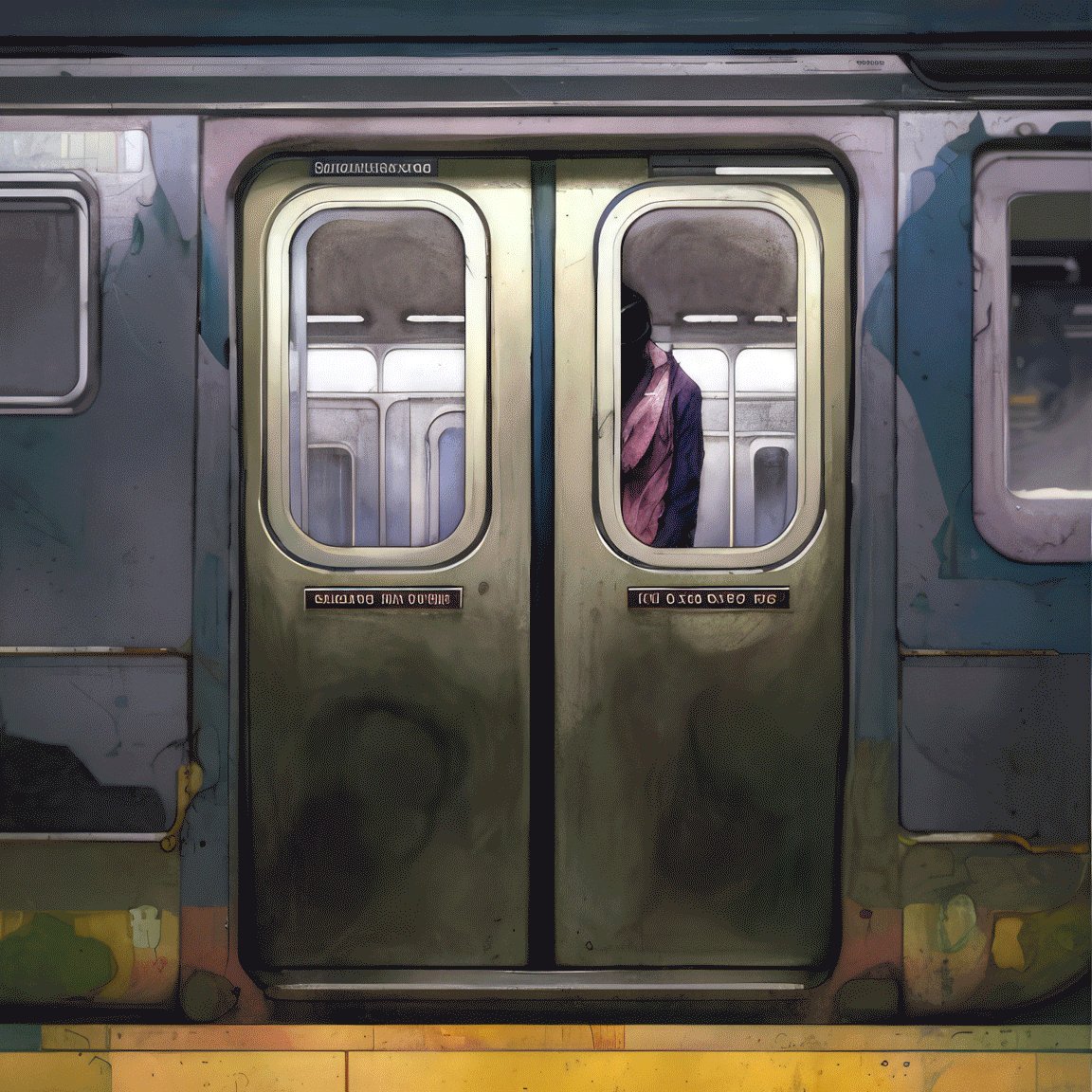 A weathered subway train with closed doors stands at a station, its windows revealing a lone passenger in a pink jacket standing silently inside. The slightly garbled text on the signs ("Gonaudmiao," "GIIOIUNO," etc.) and the grimy, worn exterior mirror the exhausting, monotonous nature of daily commute life that the post's title "Back-and-Bothersome" conveys.