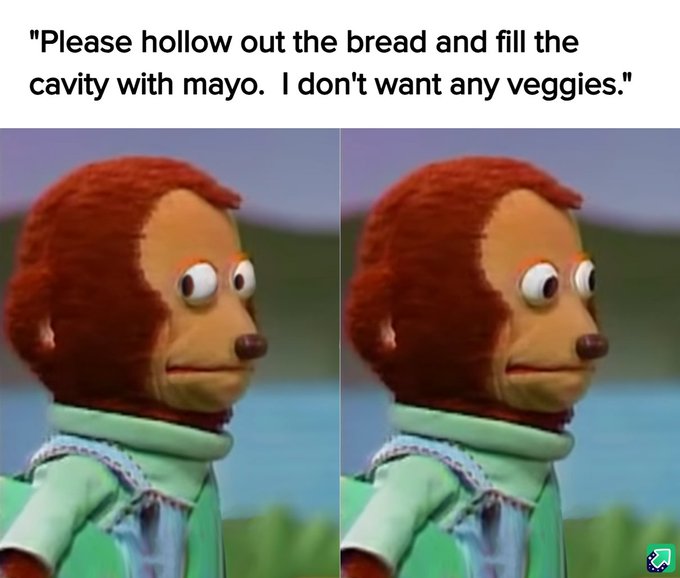 Meme featuring two side-by-side images of a red-haired puppet (resembling an otter/hedgehog character) with caption 'Please hollow out the bread and fill the cavity with mayo. I don't want any veggies.'