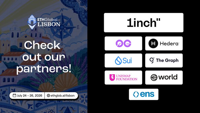 An ETHGlobal Lisbon event graphic dated 'July 24 - 26, 2026' reading 'Check out our partners!' alongside logos for 1inch, Polygon, Hedera, Sui, The Graph, Uniswap Foundation, World, and ENS.