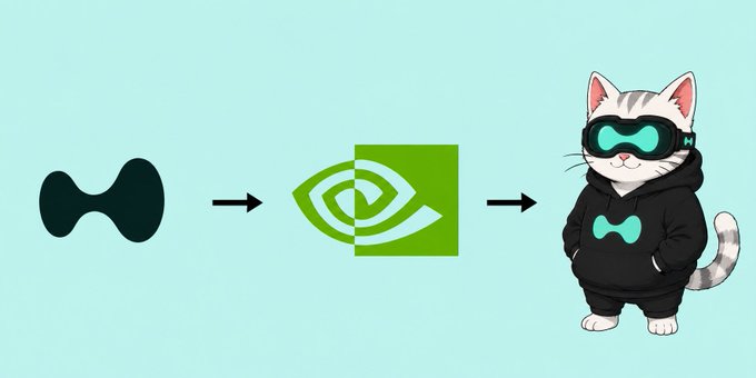 A digital illustration showing a sequence where the Hyperliquid logo transforms into the NVIDIA logo, then into a cartoon cat wearing a black hoodie and green goggles.