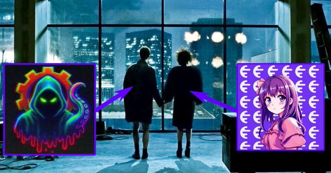 A meme image showing two silhouetted figures holding hands in front of a rainy window, with arrows pointing to them from a hooded figure NFT (left) and an anime girl NFT with euro symbols (right).