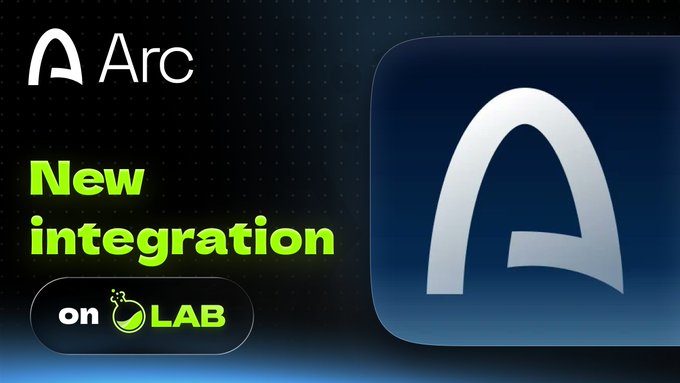 Promotional graphic announcing "Arc" with text "New integration on LAB," featuring the Arc logo alongside the LAB branding, illustrating Arc's launch on the LAB platform for onchain finance.