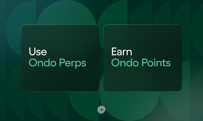A dark green digital interface with two panels reading 'Use Ondo Perps' and 'Earn Ondo Points'.