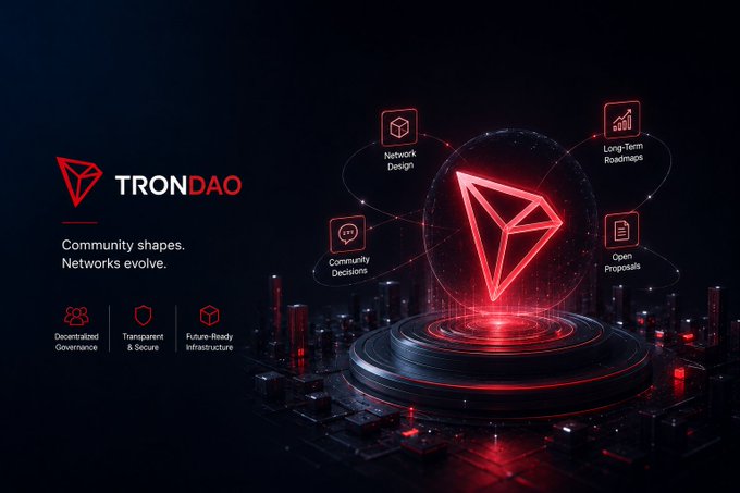 A promotional graphic for TRONDAO with the tagline 'Community shapes. Networks evolve,' highlighting features like Network Design, Community Decisions, Long-Term Roadmaps, and Open Proposals.