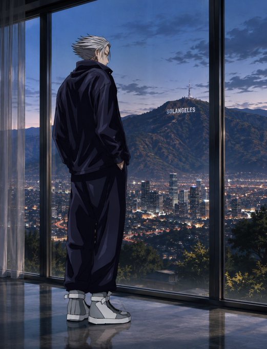 A white-haired anime character in a dark tracksuit gazes out a floor-to-ceiling window at Los Angeles at dusk, with the Hollywood "SOLANGELES" sign visible on the hillside—a satirical nod to delusional bullish optimism urging a memecoin pump.
