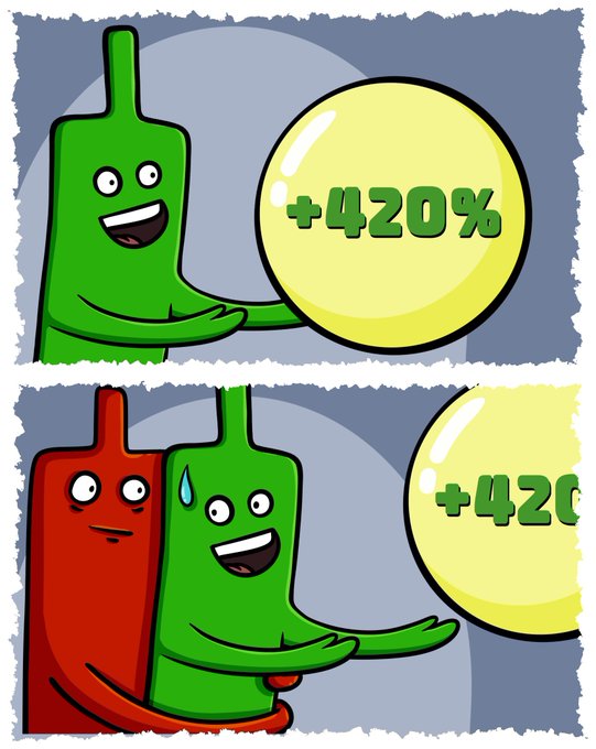 The comic shows a happy green character eagerly reaching for a yellow bubble labeled "+420%" alone in the top panel, but in the bottom panel, an angry red character joins in to push the green one aside and snatch the gains, with the green character sweating in dismay—mirroring how the poster tried to chase NFT gains only to get pushed out of the way by others racing for the same profits.