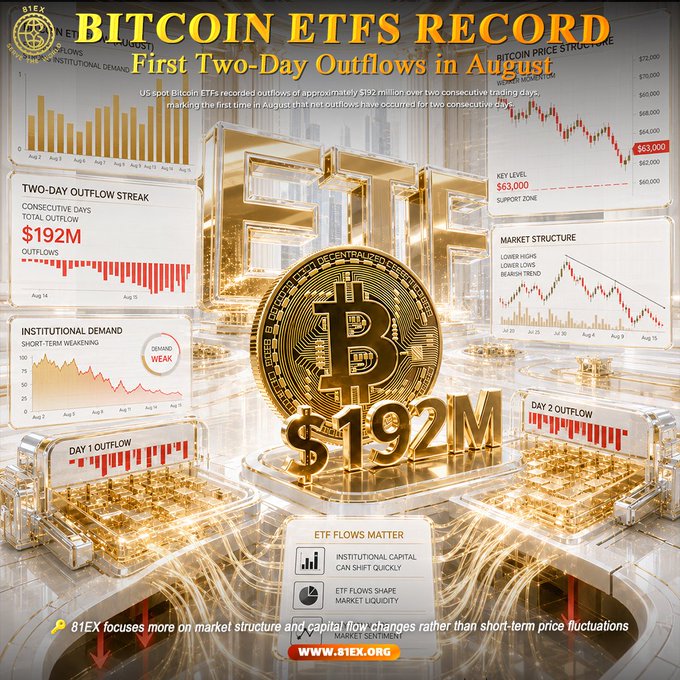 The image is a promotional graphic from 81EX highlighting that U.S. spot Bitcoin ETFs recorded their first two-day outflows streak of August, with a total of $192 million in net outflows over consecutive trading days. Featuring gold "ETF" lettering, a Bitcoin coin, and multiple charts (including a "$63,000" key level and "Weak" institutional demand indicator), it visually reinforces the post's message that ETF capital flows signal shifting institutional behavior beyond short-term price movements.