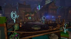 A dimly lit video game scene showing a courtyard area with glowing blue spiral markers, wooden structures, and stone pathways.