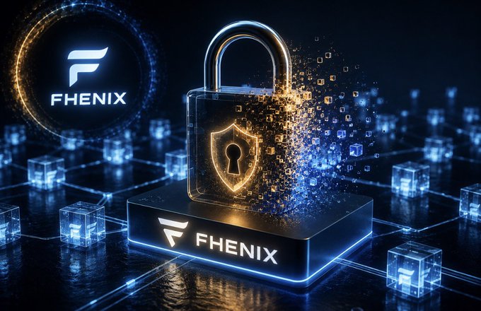 A digital graphic featuring a glowing padlock with the word "FHENIX" displayed on its base and in a circular emblem on the left, surrounded by blue illuminated cubes and particles.
