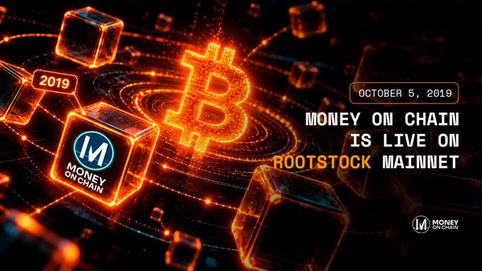 A digital graphic announcing 'OCTOBER 5, 2019 MONEY ON CHAIN IS LIVE ON ROOTSTOCK MAINNET,' featuring a glowing Bitcoin 'B' symbol and the Money On Chain logo.