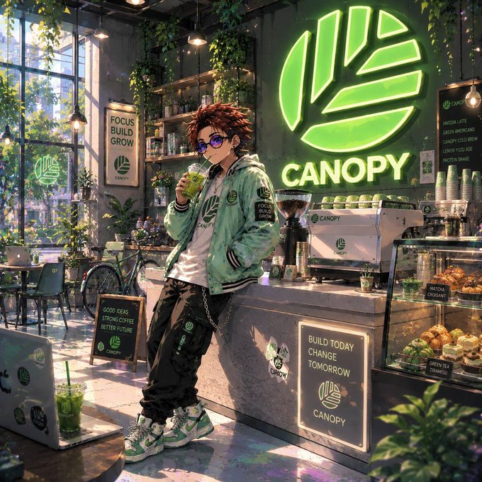 An anime-style illustration of a young person with red hair drinking a green beverage in a cafe called 'CANOPY', with signage reading 'FOCUS BUILD GROW', 'BUILD TODAY CHANGE TOMORROW', and 'GOOD IDEAS STRONG COFFEE BETTER FUTURE'.
