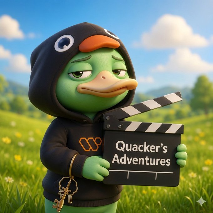 urnad duck, dressed as Quacker's Adventures, holds a black clapperboard with the title "Quacker's Adventures" written on it against a clear blue sky and green grassy field.