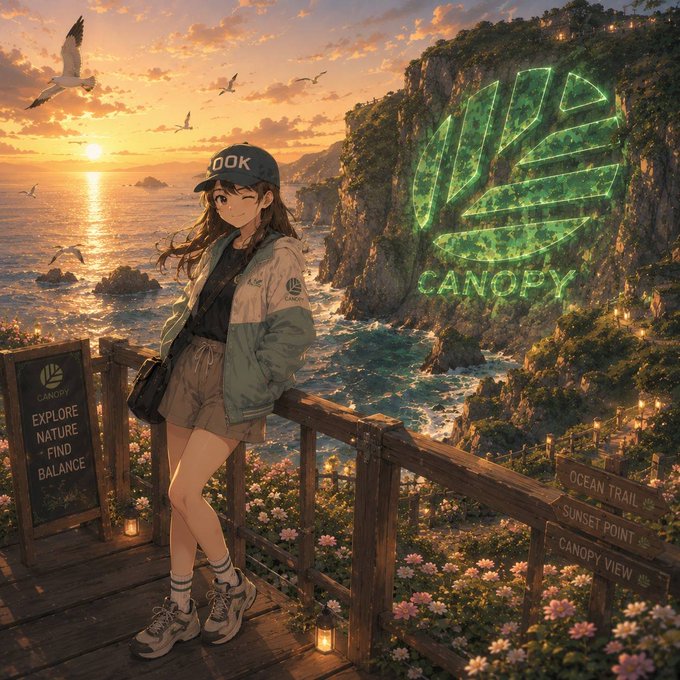 An anime-style illustration of a girl wearing a 'OOK' cap standing at a wooden railing overlooking a sunset ocean view, with a glowing green 'CANOPY' logo on a cliff and signs reading 'EXPLORE NATURE - FIND BALANCE', 'OCEAN TRAIL', 'SUNSET POINT', and 'CANOPY VIEW'.
