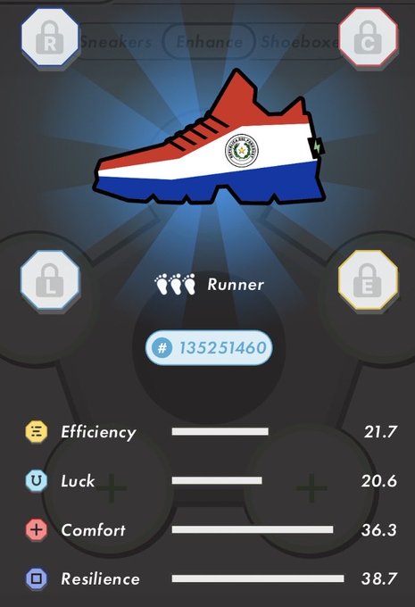 The image shows a shoe box with a red, white, and blue shoe displayed prominently. The shoe has a unique design featuring a flag pattern on its side. The shoe box also includes information about the shoe's features and benefits, such as comfort, cushioning, and support. Additionally, there are icons representing different aspects of the shoe, including running, efficiency, and resilience.