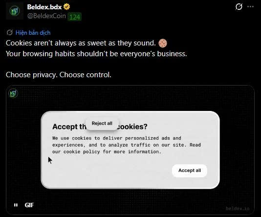 A social media post by 'Beldex.bdx' (@BeldexCoin) featuring a GIF that humorously highlights the 'Reject all' button being hidden behind the 'Accept these cookies' text in a cookie consent popup.