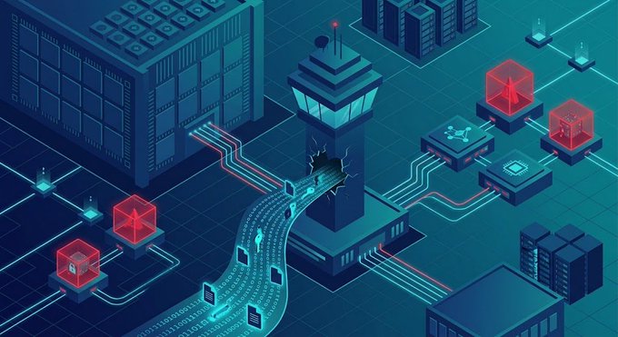 A cyberpunk-style digital illustration depicting a prison or control facility with a guard tower, digital padlocks, and streams of data flowing like a road.