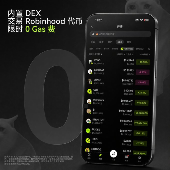 A cryptocurrency trading app advertisement featuring Chinese text '内置 DEX 交易 Robinhood 代币 限时 0 Gas 费' promoting zero gas fees for trading Robinhood tokens via a built-in DEX on a smartphone interface.
