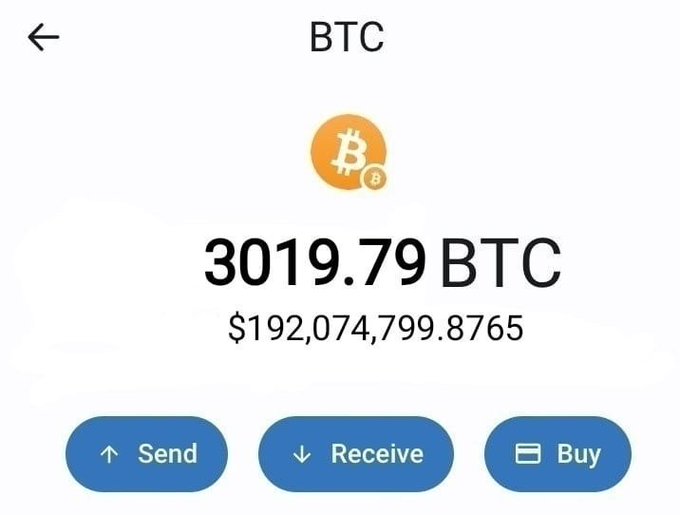 A cryptocurrency wallet app screen displaying a Bitcoin (BTC) balance of 3019.79 BTC, valued at $192,074,799.8765, with Send, Receive, and Buy buttons.