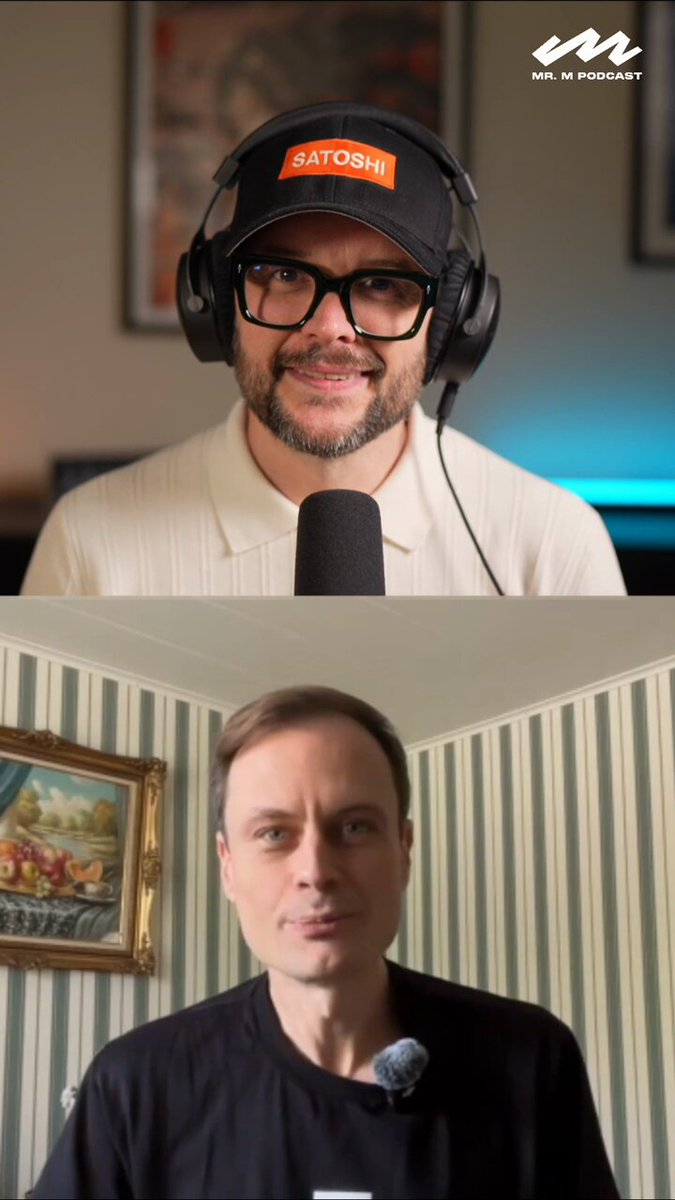 The image shows two men wearing headphones, with one man smiling at the camera while the other appears to be listening or recording a conversation. The background features a painting of a horse and rider, which adds an artistic touch to the scene. The caption for the image reads "This Is Why Satoshi Left 1.1 Million Bitcoin Behind @BraginRights".