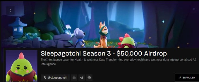 A webpage screenshot for 'Sleepagotchi Season 3 - $50,000 Airdrop' featuring a green character in a wizard hat, with the description 'The Intelligence Layer for Health & Wellness Data Transforming everyday health and wellness data into personalised AI intelligence' and an @sleepagotchi X handle.