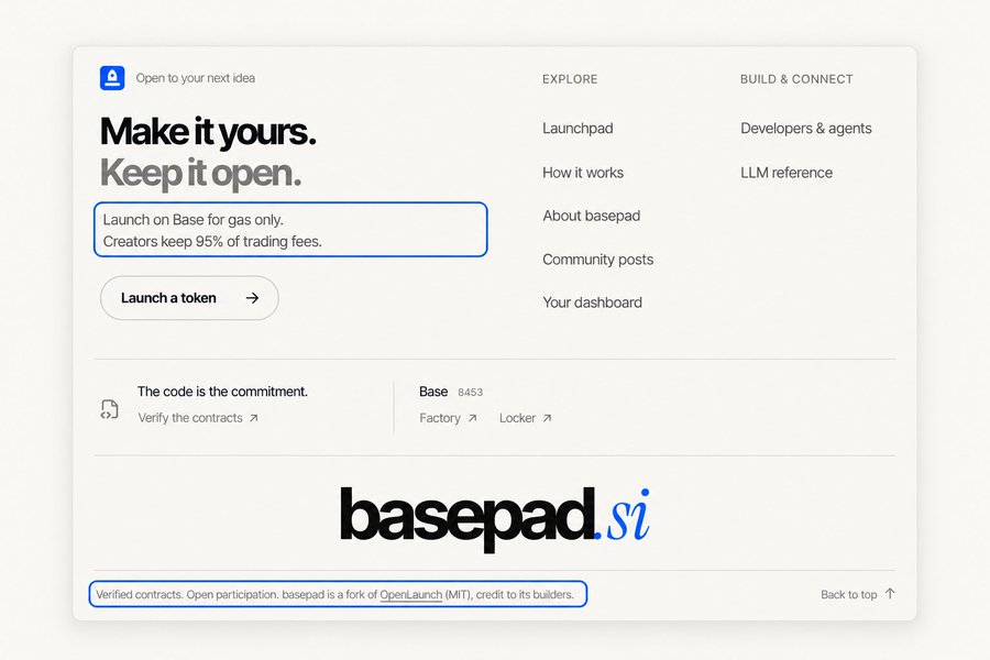 The Basepad.si website homepage displays 'Make it yours. Keep it open.' with a 'Launch a token' button and navigation links for Explore and Build & Connect.