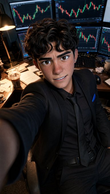 A young man in a black shirt and tie takes a selfie in front of multiple monitors displaying red candlestick charts, visually reinforcing the post's concern about the token being 32% below its peak despite 22k hourly trades. The 3D animated style and trading setup reflect the poster's tension between watching the bearish charts and holding onto their 50 SOL "dip guard" strategy while prioritizing 5,000 new holders over chasing green candles.