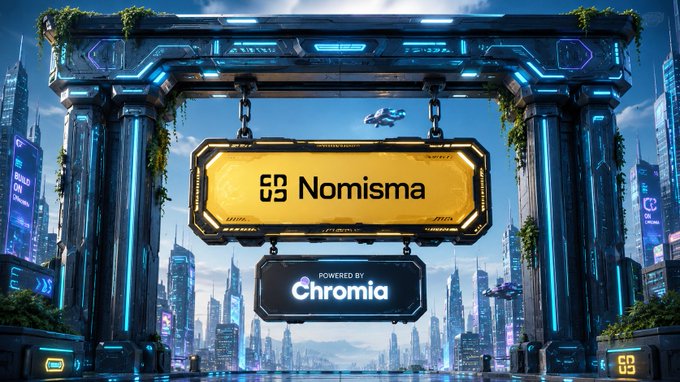 The image features a futuristic cityscape with tall buildings and neon lights. In the foreground of the image, there's an archway made up of blue pillars that reads "@Nomisma Network" above a yellow sign that says "65 Nomisma". Below this, another yellow sign displays "@wallchain", indicating that both Nomisma networks are open for participation in their respective stages. The cityscape is filled with various buildings and skyscrapers, creating an urban environment.