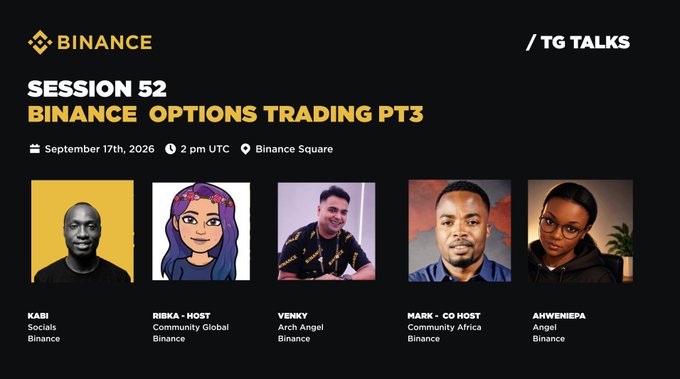 Promotional graphic for Binance TG Talks Session 52 featuring "Binance Options Trading PT3" on September 17th, 2026 at 2 PM UTC at Binance Square, showcasing five panelists: Kabi from Binance Socials, host Riska from Community Global Binance, Venky (Arch Angel, Binance), co-host Mark from Community Africa Binance, and Ahweniepa (Angel, Binance), with the post inviting viewers to join the live stream for a $250 trading battle and quiz prize pool.